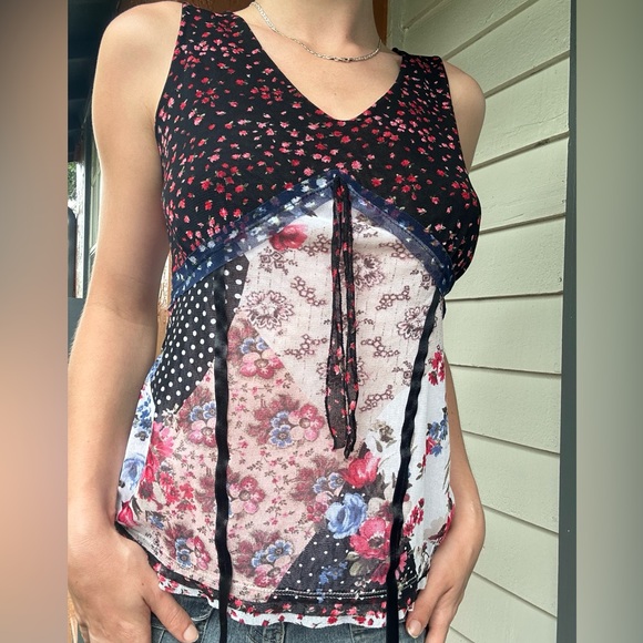 Tank Top Patchwork Flower Polka Dot Multi Color Soft Girl Y2K 2000’s Office Chic - Picture 2 of 3